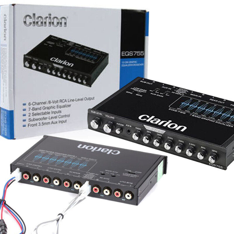 Original Clarion EQS755 7-Band Car Audio Graphic Equalizer with Front 3.5mm Auxiliary Input, Rear RCA Auxiliary Input and High Level Speaker Inputs, BLACK